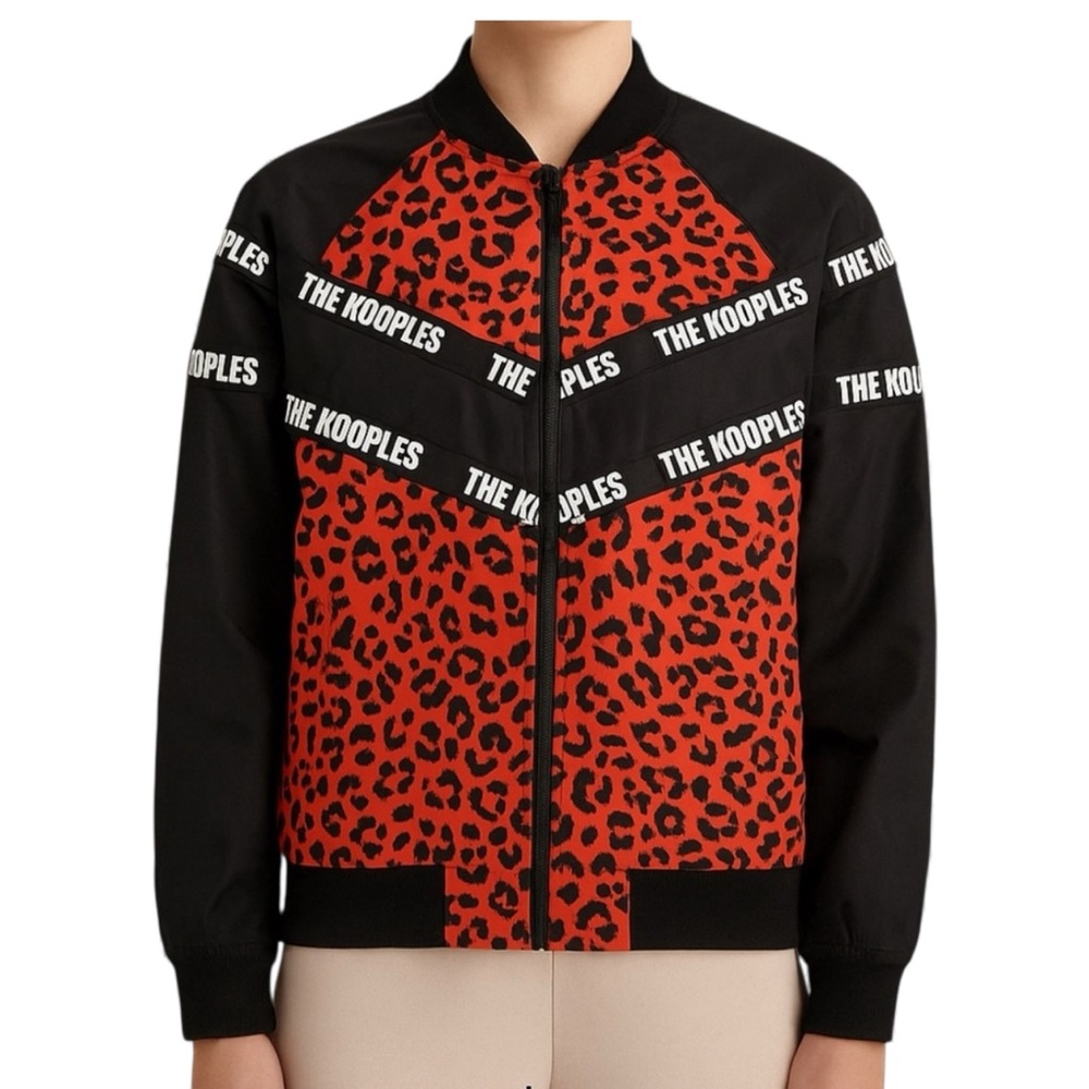 The Kooples men’s pop Leo‎ Leopard Print Logo Tape Bomber Jacket Red Black small